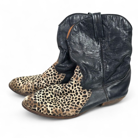 Vintage Giorgio Brutini Black Leather Slouch Cowboy Boots Leopard Print Spain - Picture 1 of 13